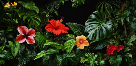 Brightly colored tropical flowers bloom amidst rich green leaves in a lively display. The scene captures the beauty of nature in a lush and dense setting, evoking a sense of serenity.の素材