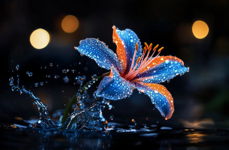 A vibrant flower in blue and orange colors emerges from water, surrounded by droplets that glisten. The scene is illuminated by soft, blurred lights in the background during nighttime.の素材