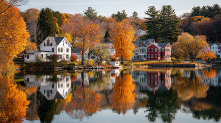 Colorful autumn foliage decorates trees along a tranquil lake, creating a picturesque view of charming houses and their vibrant reflections on the water during sunset.の素材