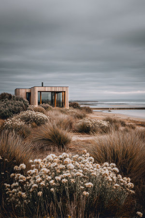 A rustic cabin sits among a field of white wildflowers, with gentle waves in the distance under a cloudy sky. A tranquil, inviting atmosphere enhances the coastal landscape.の素材