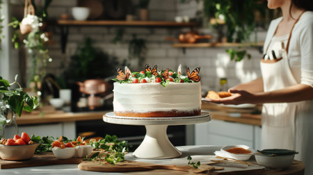 A skilled baker adds delicate flowers and butterflies on top of a frosted cake in a well-lit kitchen filled with greenery. The beautiful cake features layers and a natural touch.の素材