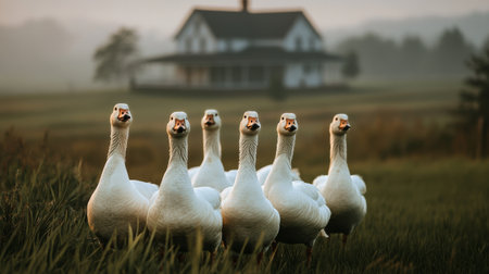 A group of six geese strolls through tall grass in the early morning mist. A white farmhouse stands peacefully in the background, adding to the serene rural atmosphere.の素材