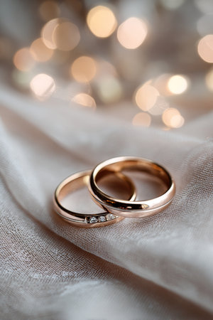 Two wedding rings rest on a textured fabric, illuminated by warm, twinkling lights in the background, creating a romantic ambiance that evokes love and commitment.の素材