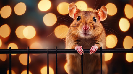 A small brown mouse with large ears is perched on a black cage, gazing curiously with bright eyes, while soft, colorful lights blur in the background, creating a warm atmosphere.の素材