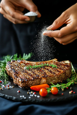 A person seasons a grilled steak with salt while garnishing it with fresh herbs and tomatoes on a black platter. The focus is on the delicious details of the dish.の素材