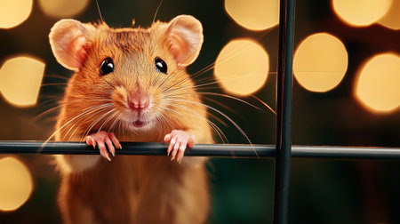 A small rodent looks curiously from the bars of its cage, illuminated by warm, glowing lights in the background during the evening. Its eyes sparkle with curiosity.の素材