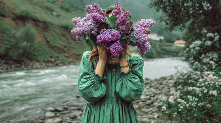 A woman dressed in a green dress stands by a river, concealing her face with a bouquet of lilac flowers. The surrounding landscape is rich with greenery and flowers.の素材