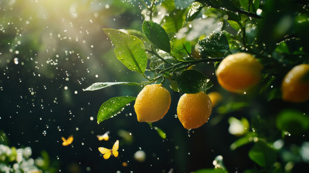 Ripe oranges hang among vibrant green leaves in a citrus grove, with delicate flowers and a butterfly flying nearby, illuminated by warm sunlight and gentle rain droplets.の素材