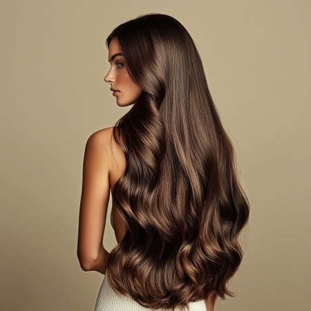 A woman showcases her long, wavy hair styled beautifully, standing in profile against a soft, neutral background. Her hair flows smoothly, capturing attention.の素材