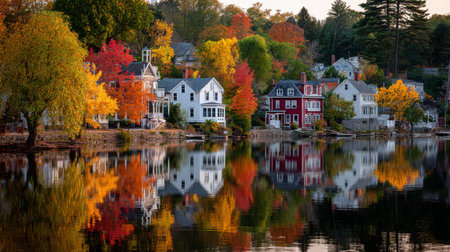 Colorful autumn foliage decorates trees along a tranquil lake, creating a picturesque view of charming houses and their vibrant reflections on the water during sunset.の素材