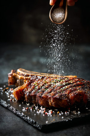 A cook sprinkles salt over a perfectly grilled steak resting on a slate platter. The rich color and texture of the meat shine, enhancing its visual appeal.の素材
