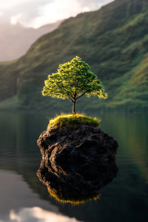 A lonely tree stands on a small island in a tranquil lake, surrounded by majestic mountains. The early morning sun casts a warm glow, enhancing the serene atmosphere and reflections.の素材