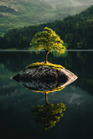 A solitary tree grows on a small rocky island in a tranquil lake. The surrounding mountains are shrouded in mist, creating a peaceful atmosphere during early morning light.の素材