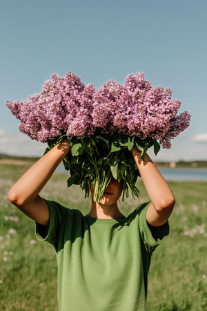 Hands gently cradle a vibrant floral wreath, filled with various flowers and greenery, while set against a rich, natural backdrop, creating a peaceful ambiance.の素材