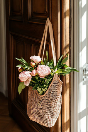 A mesh bag filled with fresh peonies and greenery is elegantly displayed on a rustic wooden door. The setting combines natural beauty with a charming country vibe.の素材