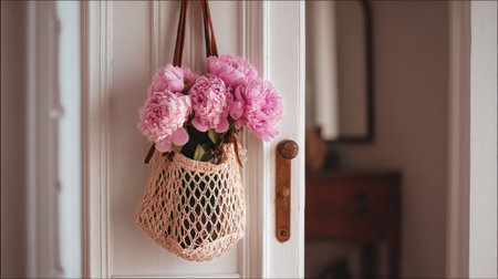 A woven bag hangs on a door, displaying a vibrant bouquet of pink peonies. The soft hues bring warmth to the cozy room decorated with wooden furniture.の素材