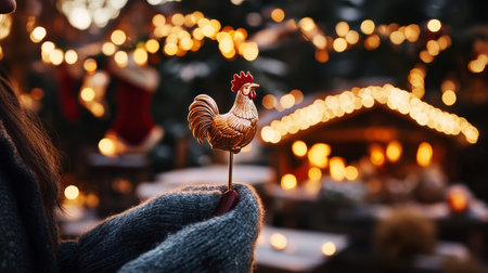 A person wearing a cozy glove holds a shiny candy rooster. Warm lights twinkle in the background, creating a festive atmosphere during a winter gathering.の素材