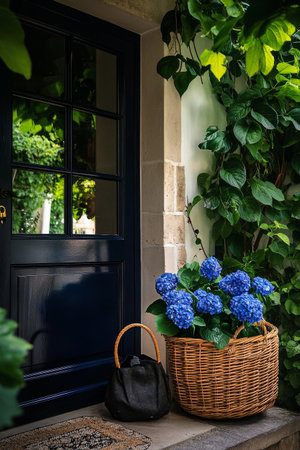 A beautiful entryway showcases a basket of vibrant blue hydrangeas next to a stylish black bag. Green ivy climbs the walls, creating a welcoming atmosphere on a sunny day.の素材