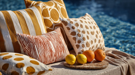 Brightly patterned pillows are arranged comfortably by the edge of a pool. A plate with assorted fresh fruits adds a vibrant touch to the relaxing atmosphere in the afternoon light.の素材