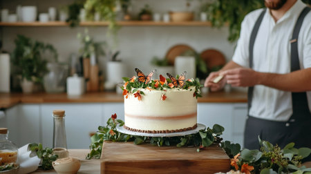 A skilled baker adds delicate flowers and butterflies on top of a frosted cake in a well-lit kitchen filled with greenery. The beautiful cake features layers and a natural touch.の素材
