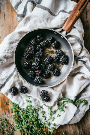 Blackberries are arranged in a pan on a soft cloth with thyme scattered around.の素材
