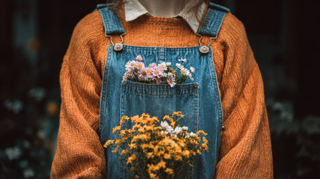 A person wearing an orange sweater and denim overalls stands outdoors with wildflowers in the pockets and holding a bouquet, enjoying a serene moment in nature.の素材