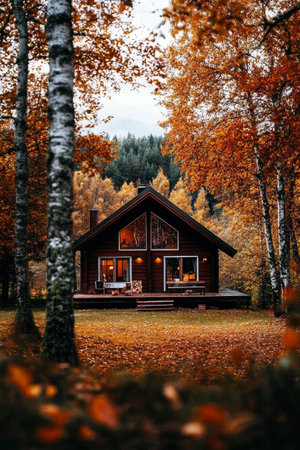 A red cabin nestled in a forest features a deck with chairs, surrounded by vibrant autumn leaves. The tranquil atmosphere invites relaxation and appreciation of nature.の素材