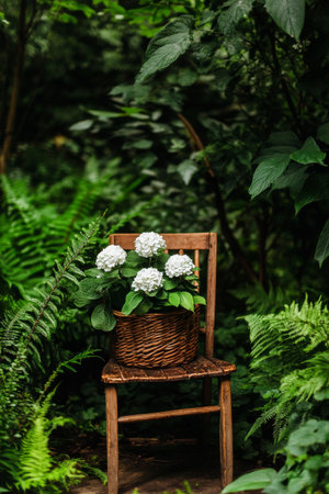 A wicker basket filled with white hydrangeas sits on a rustic wooden chair. The chair is nestled among vibrant green ferns and foliage in a tranquil garden environment.の素材