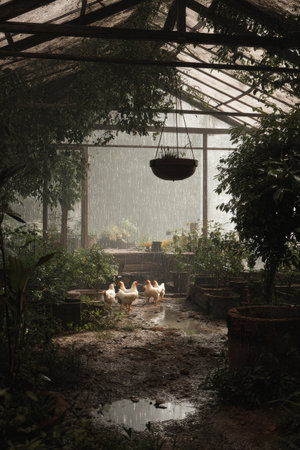 Several ducks and chickens roam freely in a lush greenhouse filled with greenery and fruits on a foggy morning, creating a serene atmosphere.の素材