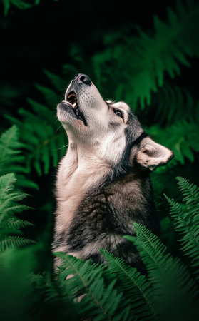 A majestic wolf howls with eyes closed, surrounded by vibrant ferns in a dense forest, creating a serene atmosphere at dusk.の素材