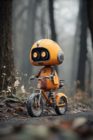 A unique robot with a boxy head and mechanical limbs rides a vintage bicycle along a forest path shrouded in fog.の素材