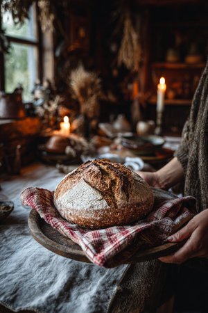 A person holds a round loaf of bread on a wooden tray, surrounded by rustic kitchen decor and candlelight, creating a warm and inviting atmosphere during the evening.の素材