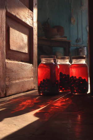 Three jars filled with vibrant red fruit preserves sit on a wooden floor, illuminated by warm sunlight streaming through an old door, creating an inviting atmosphere.の素材