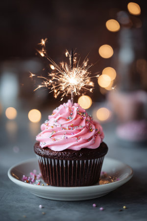 A chocolate cupcake topped with vibrant pink frosting and colorful sprinkles is illuminated by a sparkler during a festive gathering, creating a joyful atmosphere.の素材