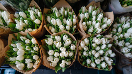 Bunches of fresh white tulips are carefully wrapped in burlap at a vibrant local flower market during the afternoon. The bright green leaves contrast beautifully with the white petals.の素材