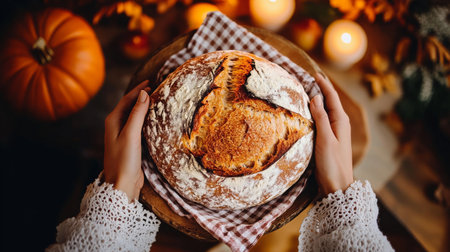 Warm hands gently cradle a rustic sourdough bread on a wooden platter, surrounded by autumn decorations, candles, and a hint of seasonal cheer.の素材