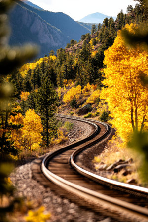 Train tracks curve through a stunning mountain area, surrounded by trees adorned in bright autumn leaves. The landscape showcases the beauty of nature during fall.の素材