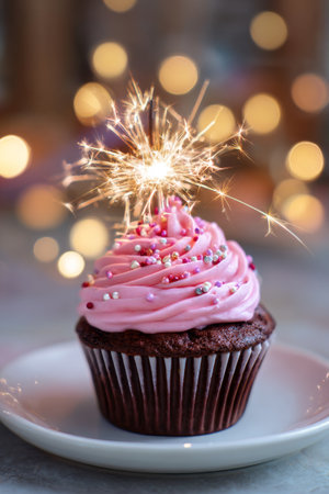 A delicious cupcake topped with pink frosting and a sparkling candle stands on a plate, surrounded by soft, flickering lights creating a joyful atmosphere.の素材