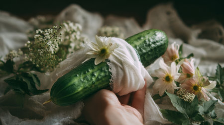 A hand holds a fresh cucumber wrapped in a cloth, surrounded by vibrant green leaves and delicate white flowers in a garden during daylight hours.の素材