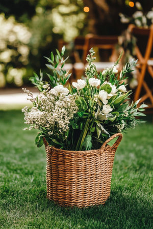 A woven basket holds a stunning mix of fresh greenery and flowers, positioned on vibrant grass. The peaceful garden background enhances the natural beauty.の素材