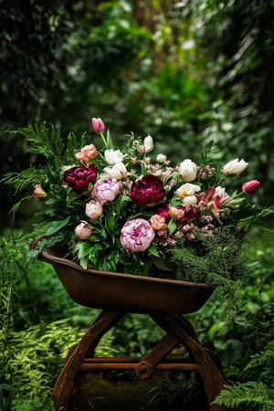 A wheelbarrow filled with vibrant flowers stands in a lush garden. The arrangement includes peonies and tulips surrounded by rich foliage.の素材