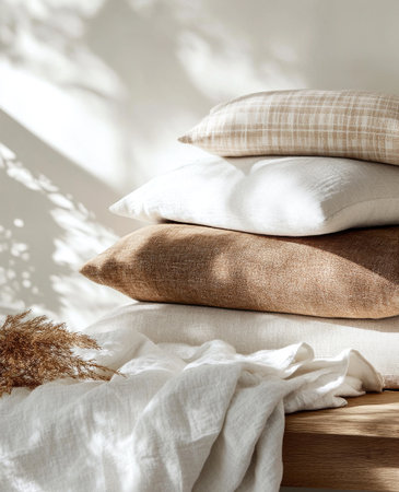 Stacked decorative pillows in neutral colors sit on a wooden surface. Soft natural light and shadows add to the inviting and warm ambiance of the indoor space.の素材
