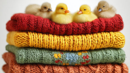 Four fluffy ducklings sit comfortably atop neatly stacked knitted sweaters in vibrant colors, creating a warm and charming atmosphere. The soft textures and bright hues invite warmth.の素材