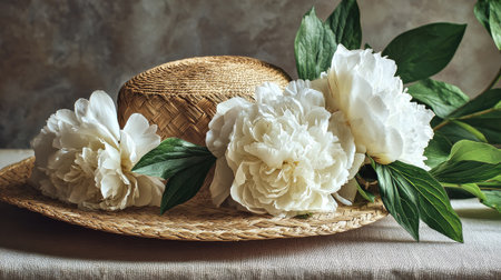 A straw hat rests on a neutral linen surface, beautifully decorated with lush white peonies and vibrant green leaves, creating a serene and elegant arrangement.の素材