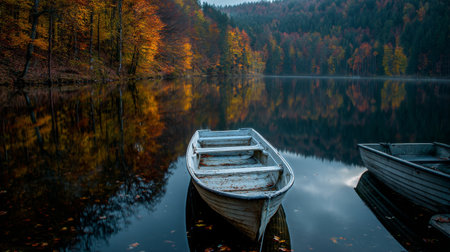 A tranquil lake reflects vibrant autumn foliage as two boats gently rest on the waters surface during sunset. The stillness captures the essence of natures beauty.の素材