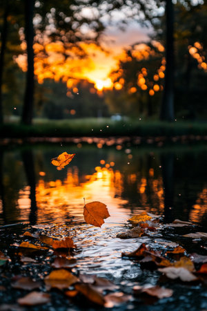A stunning sunset casts a golden glow on the water, with colorful autumn leaves floating peacefully on the surface. The trees frame this tranquil moment in a serene setting.の素材