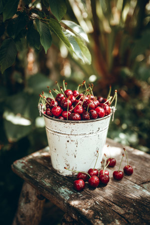 Juicy red cherries fill a white bucket placed on a rustic wooden table. Lush green foliage surrounds the scene, highlighting the freshness of the fruit in summer.の素材