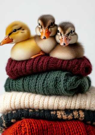 Three fluffy ducklings rest on a stack of colorful knitted sweaters in a warm indoor environment. Their soft feathers and playful expressions create a charming scene filled with comfort.の素材