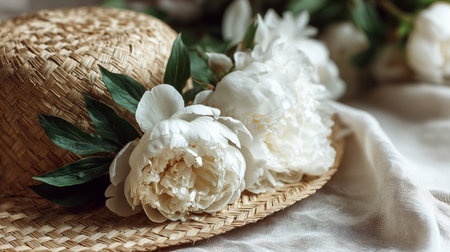 A straw hat rests on a neutral linen surface, beautifully decorated with lush white peonies and vibrant green leaves, creating a serene and elegant arrangement.の素材
