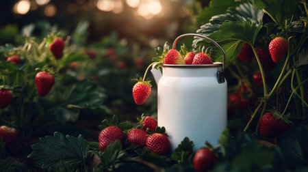 Juicy strawberries are picked from lush green plants in a garden at sunset, with a white jar holding some of the ripe fruits. The warm light enhances the vibrant colors.の素材